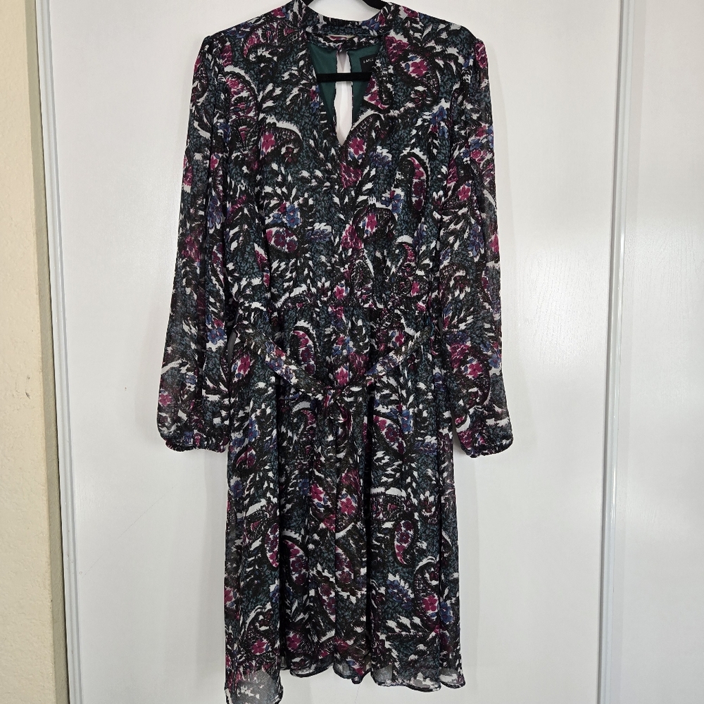 Lane Bryant Dress‎ 16 Cutout Mock-Neck Fit and Flare Long Sleeve Green Floral
